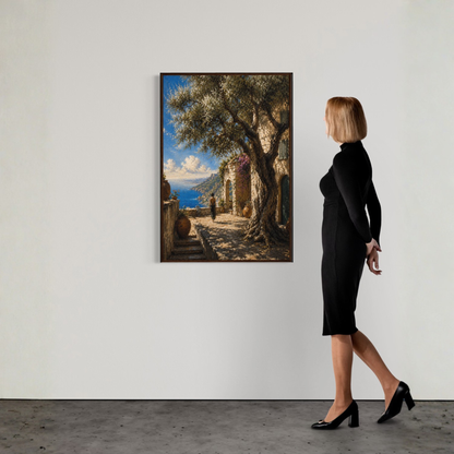The Grove framed Mediterranean wall art featuring an ancient olive tree, stone villa architecture, and panoramic sea views overlooking the Mediterranean coastline.