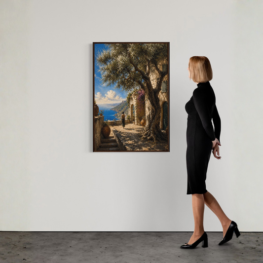 The Grove framed Mediterranean wall art featuring an ancient olive tree, stone villa architecture, and panoramic sea views overlooking the Mediterranean coastline.