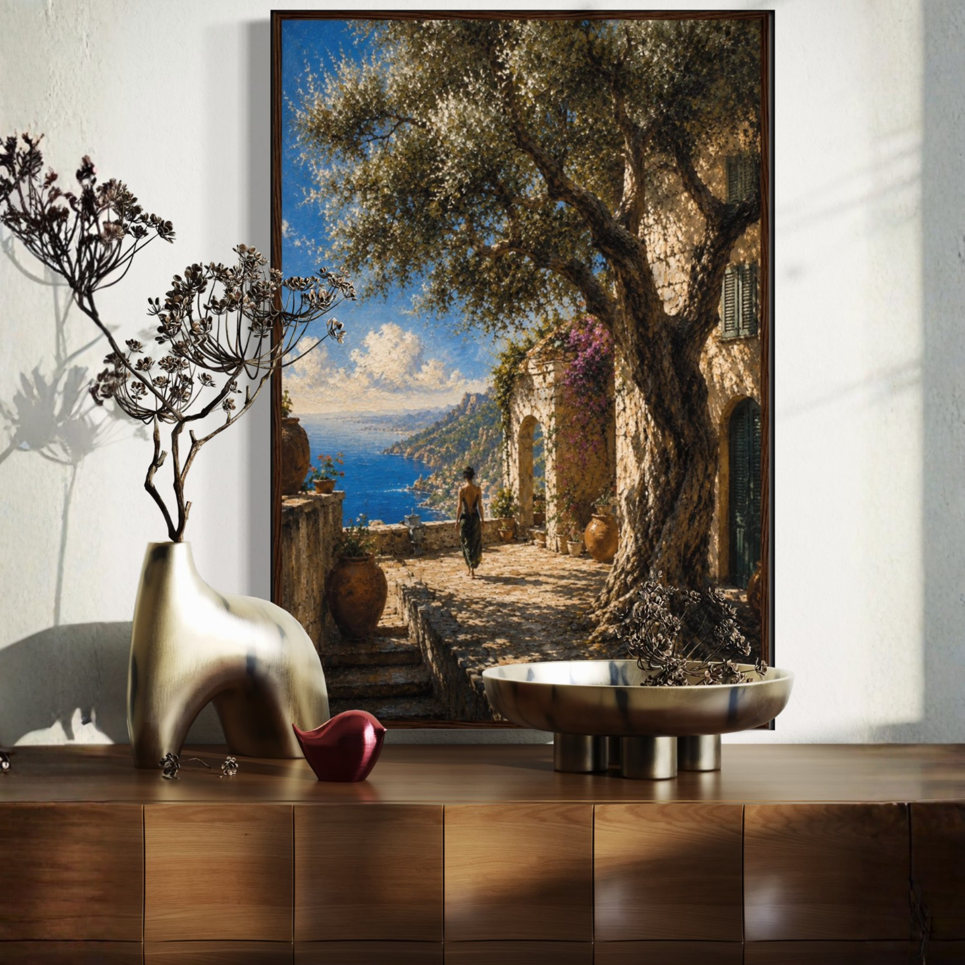 Framed wall art print titled "The Grove" featuring Mediterranean studies, by LunarHeartCo, showcasing a scenic landscape.