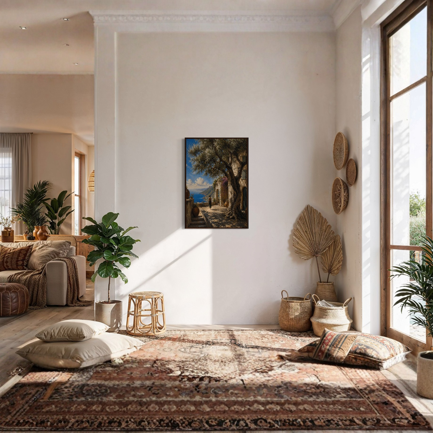 Framed wall art print titled "The Grove" featuring Mediterranean landscape scenes by LunarHeartCo
