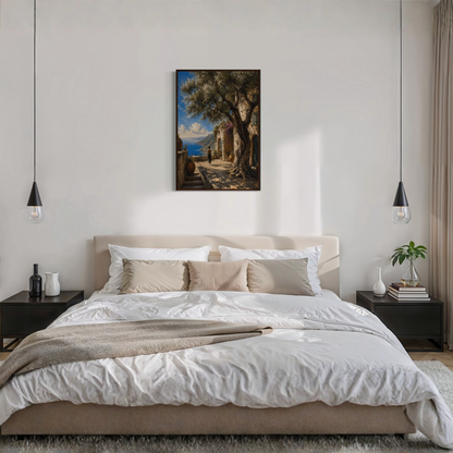Framed wall art print of Mediterranean Studies by LunarHeartCo, showcasing vibrant coastal landscape and artistic details.