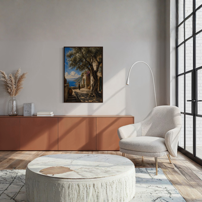 Framed art print titled "The Grove" by LunarHeartCo, depicting a serene Mediterranean landscape with lush greenery and tranquil scenery.