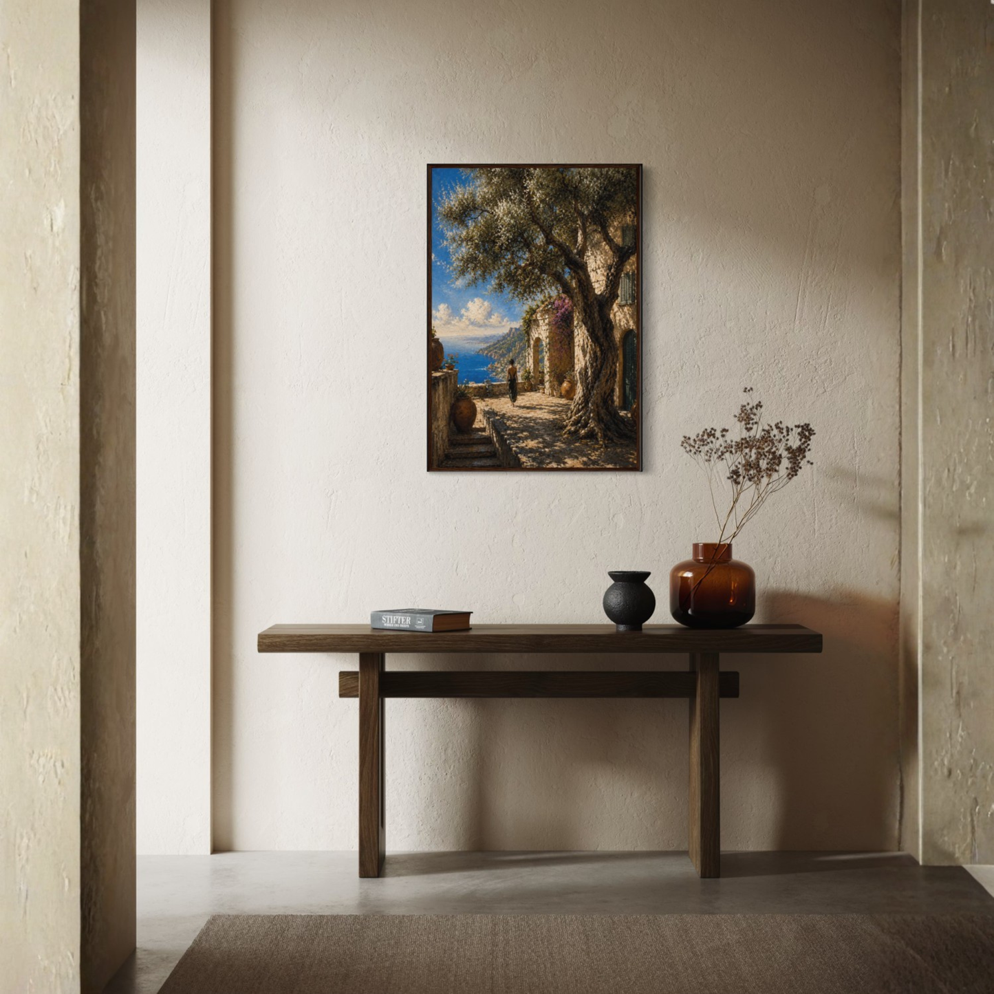 Framed wall art print titled "Mediterranean Studies" by LunarHeartCo featuring vibrant Mediterranean landscape artwork.