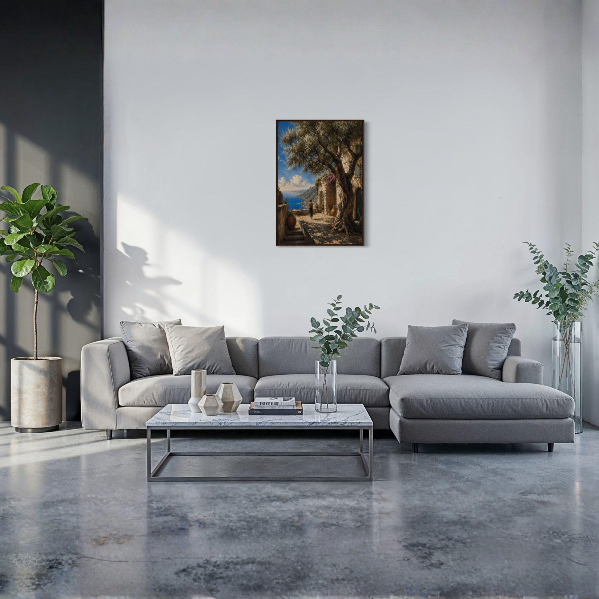 Framed wall art print titled "Mediterranean Studies" by LunarHeartCo featuring a scenic Mediterranean landscape.