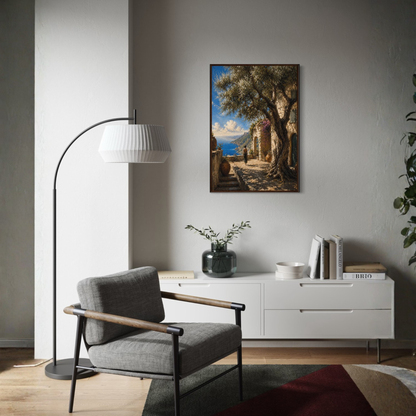 Framed art print titled "The Grove" by LunarHeartCo, featuring Mediterranean landscape with trees and vibrant colors.