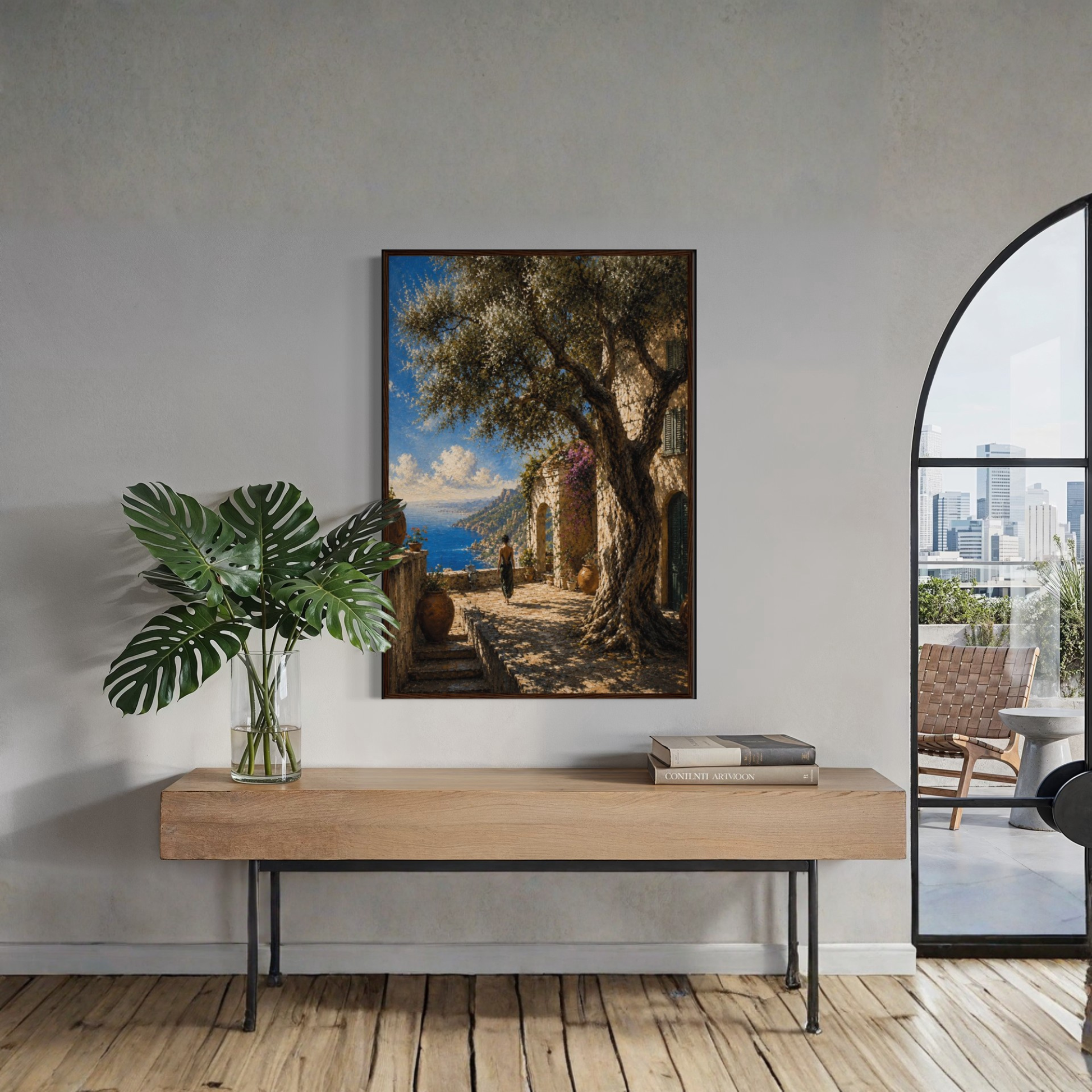 Framed wall art print titled "The Grove" depicting Mediterranean landscape by LunarHeartCo, with vibrant colors and detailed scenery.