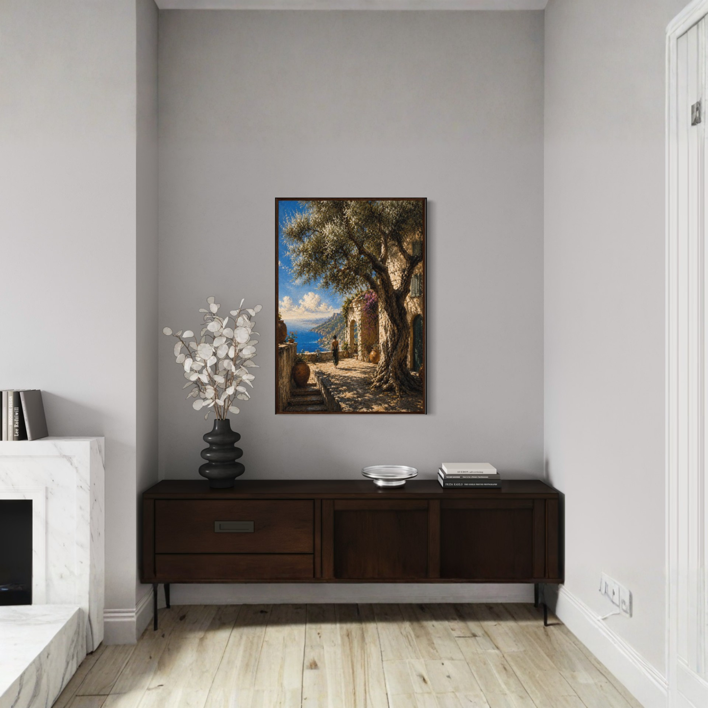 Framed wall art print titled "The Grove" featuring Mediterranean-inspired landscape, by LunarHeartCo.