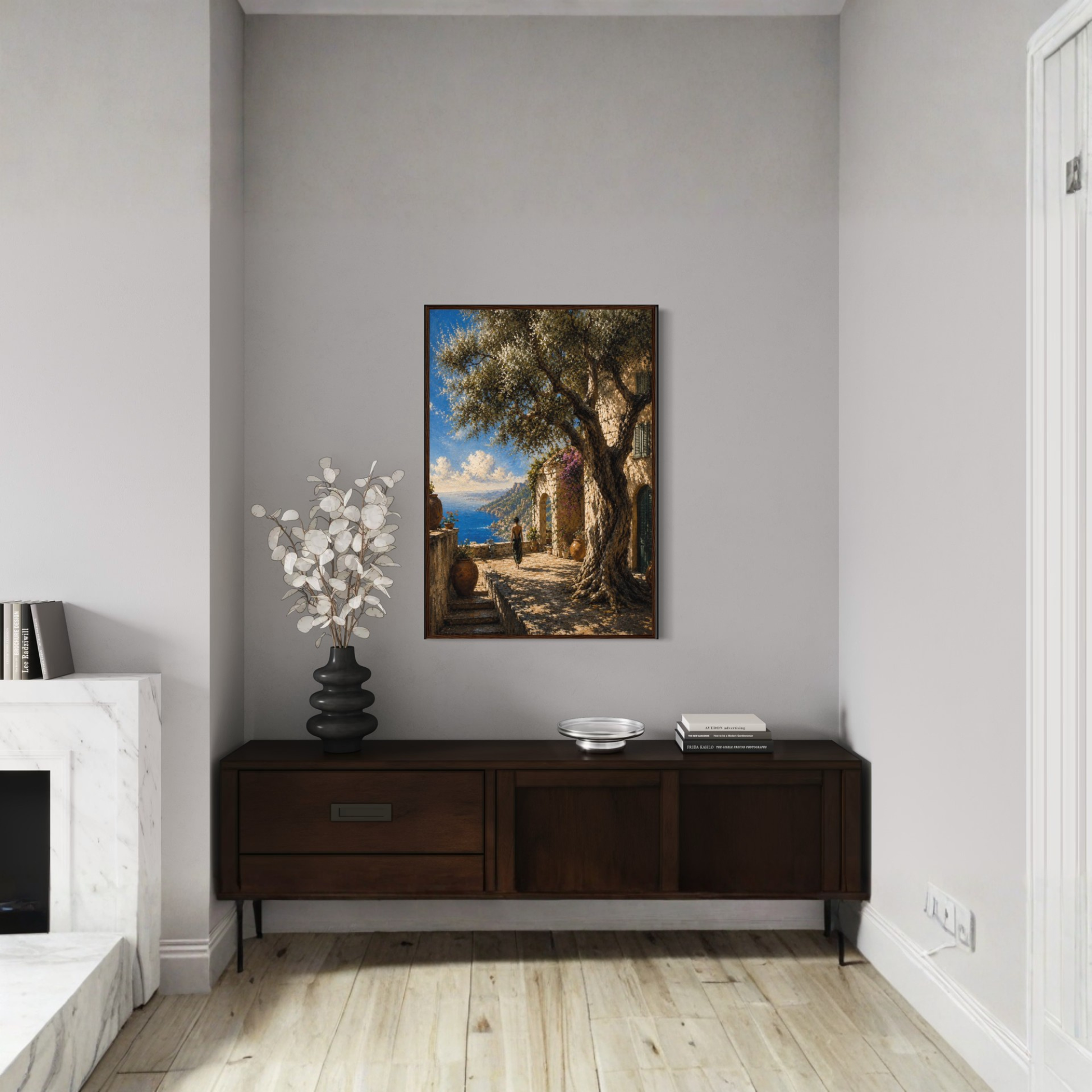 Framed wall art print titled "The Grove" featuring Mediterranean-inspired landscape, by LunarHeartCo.