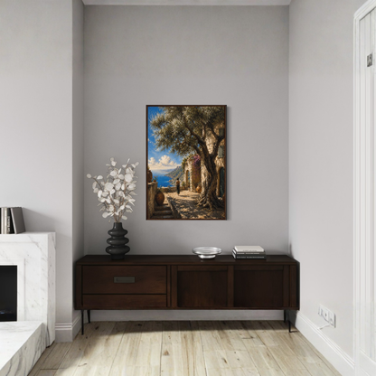 Framed wall art print titled "The Grove" featuring Mediterranean-inspired landscape, by LunarHeartCo.