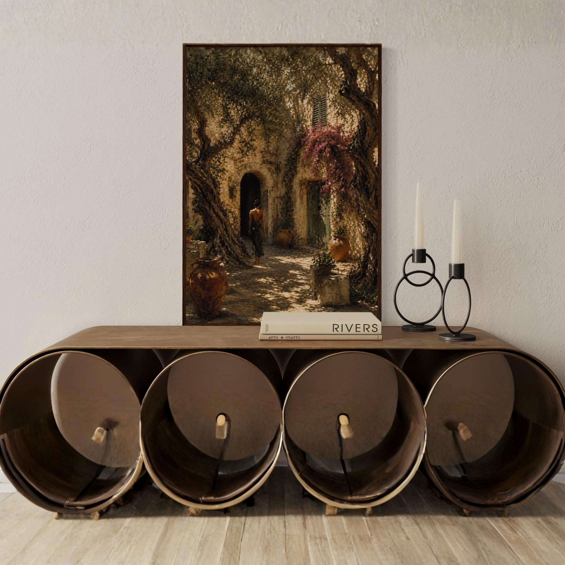 Framed art print titled "The Courtyard" featuring Mediterranean scenery by LunarHeartCo, displayed in a sleek frame.