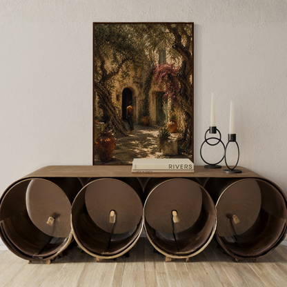 Framed art print titled "The Courtyard" featuring Mediterranean scenery by LunarHeartCo, displayed in a sleek frame.