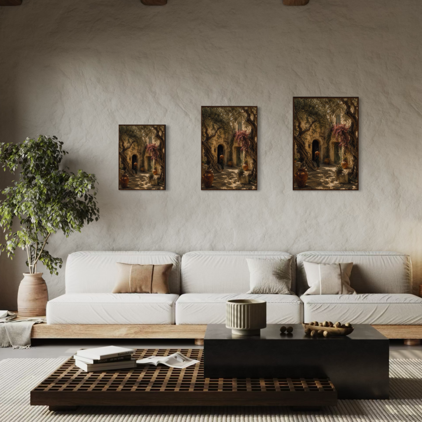 Framed art print titled "The Courtyard" by LunarHeartCo, showcasing a Mediterranean courtyard scene with vibrant colors.