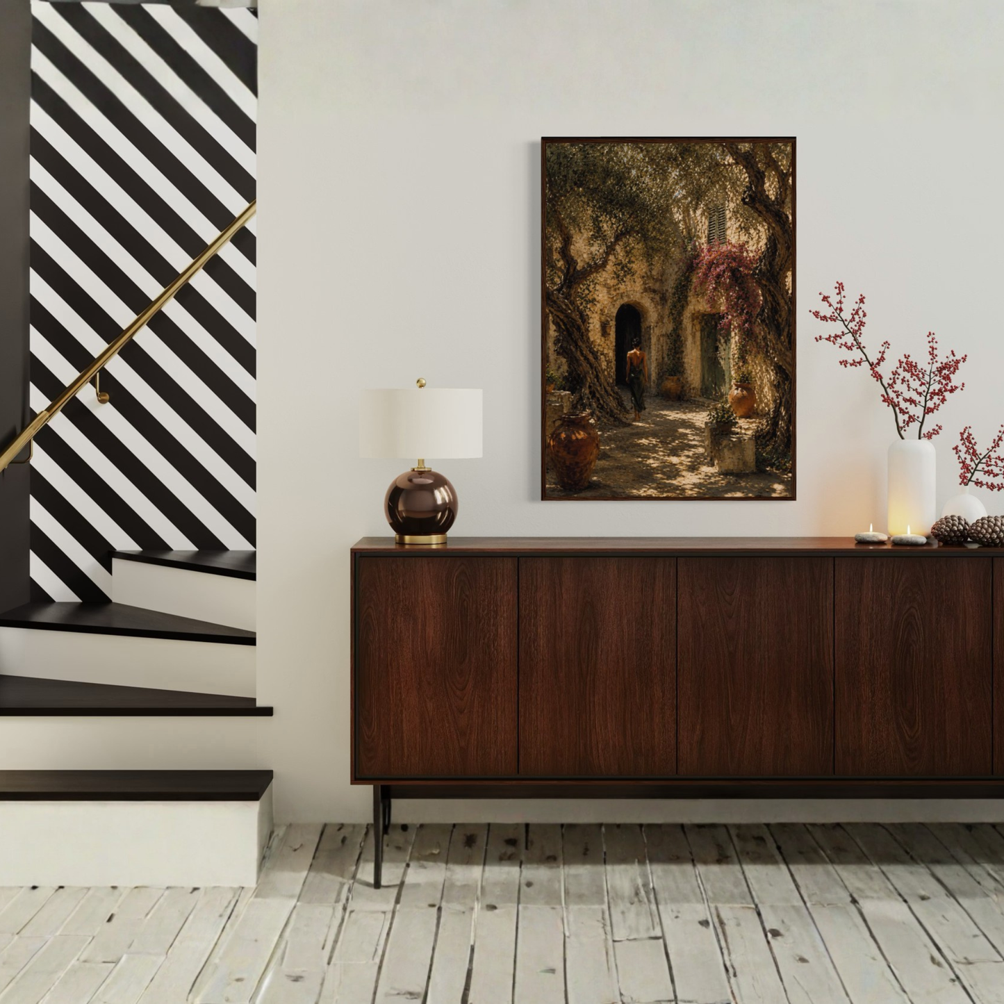 Framed art print titled "The Courtyard" featuring Mediterranean scene with vibrant colors, by LunarHeartCo.