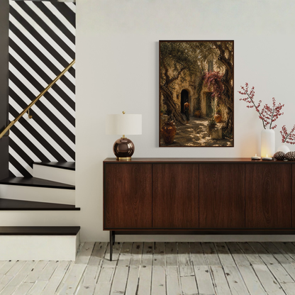 Framed art print titled "The Courtyard" featuring Mediterranean scene with vibrant colors, by LunarHeartCo.