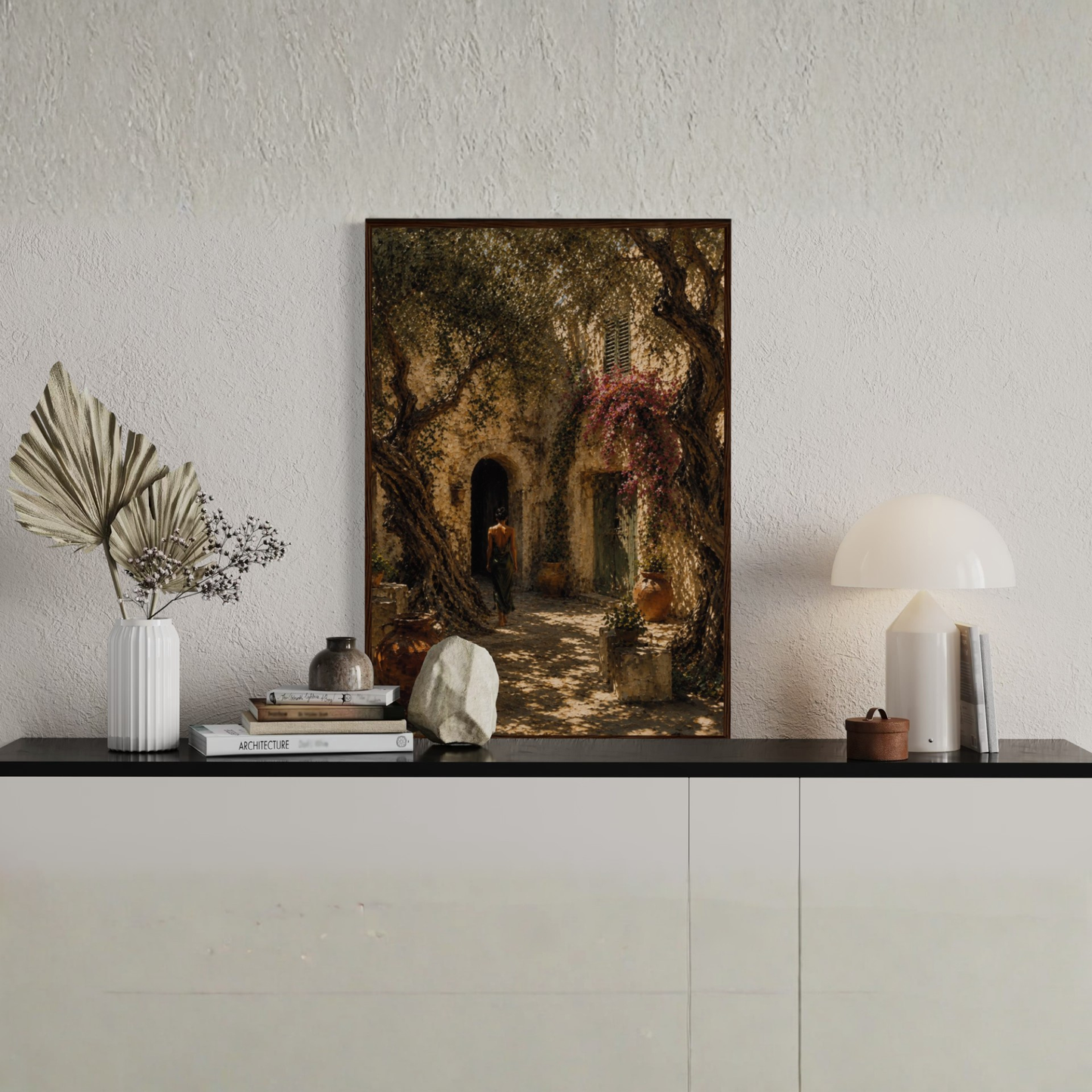 Framed art print titled "The Courtyard" featuring Mediterranean scene by LunarHeartCo, with a decorative border and vibrant colors.
