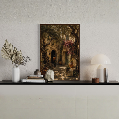 Framed art print titled "The Courtyard" featuring Mediterranean scene by LunarHeartCo, with a decorative border and vibrant colors.