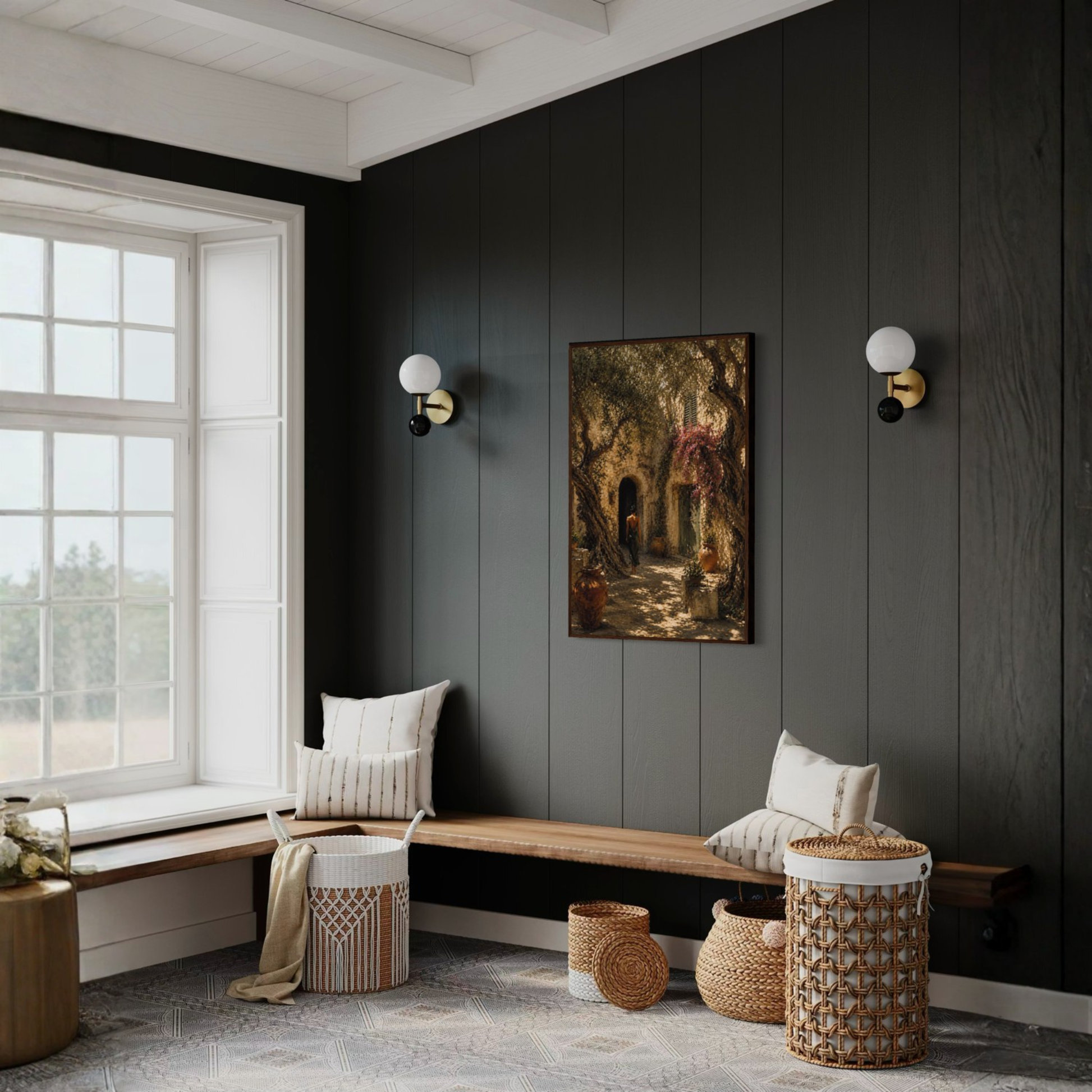 Framed art print titled "The Courtyard" from Mediterranean Studies collection by LunarHeartCo, showcasing a scenic courtyard scene.