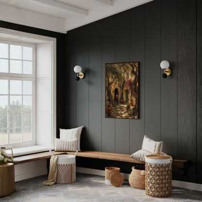 Framed art print titled "The Courtyard" from Mediterranean Studies collection by LunarHeartCo, showcasing a scenic courtyard scene.