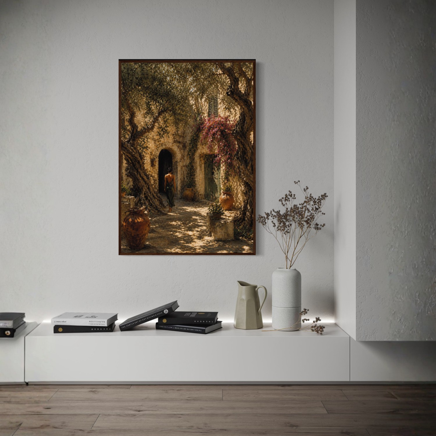 Framed art print titled "The Courtyard" by LunarHeartCo, featuring a Mediterranean courtyard scene with vibrant colors and detailed design.