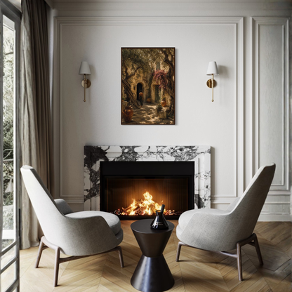 Framed art print titled "The Courtyard" featuring Mediterranean scene by LunarHeartCo, displayed in a stylish frame.