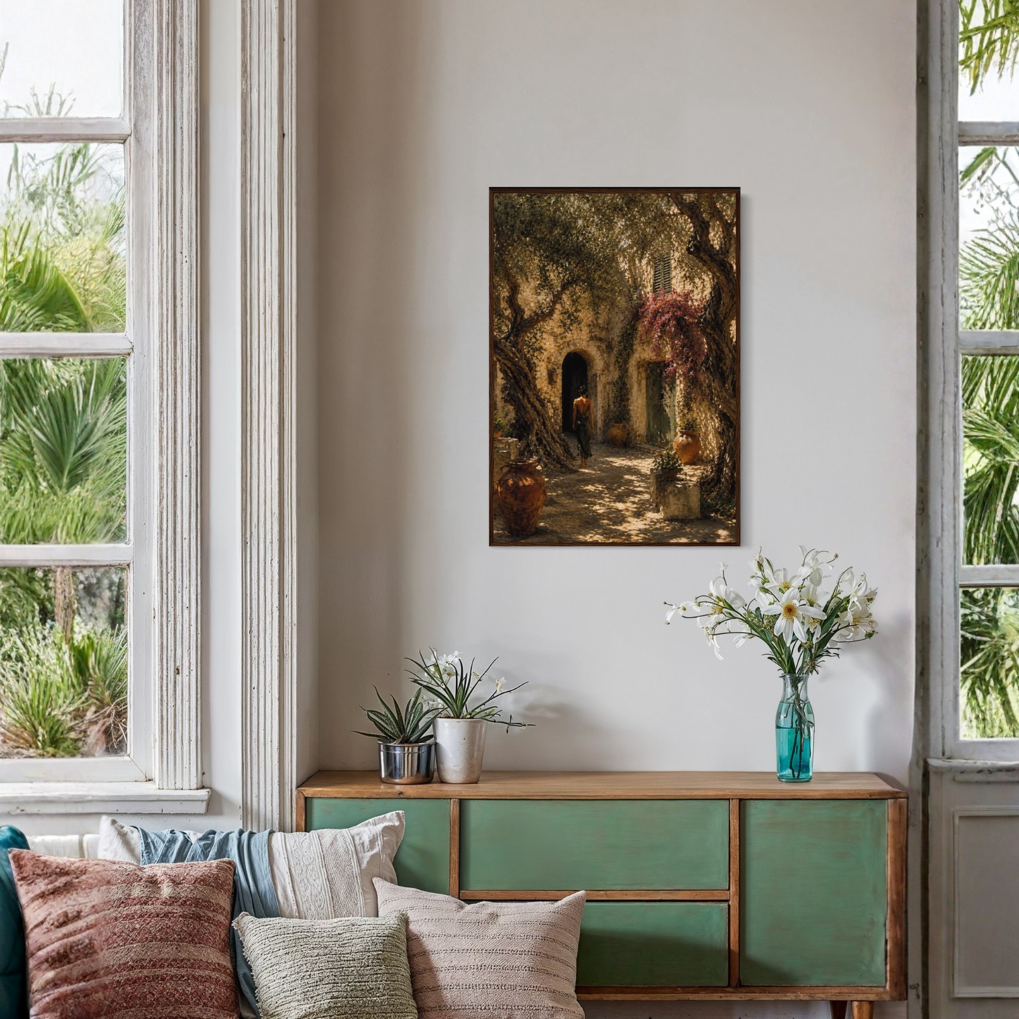 Framed art print titled "The Courtyard" by LunarHeartCo featuring a Mediterranean courtyard scene in vibrant colors.