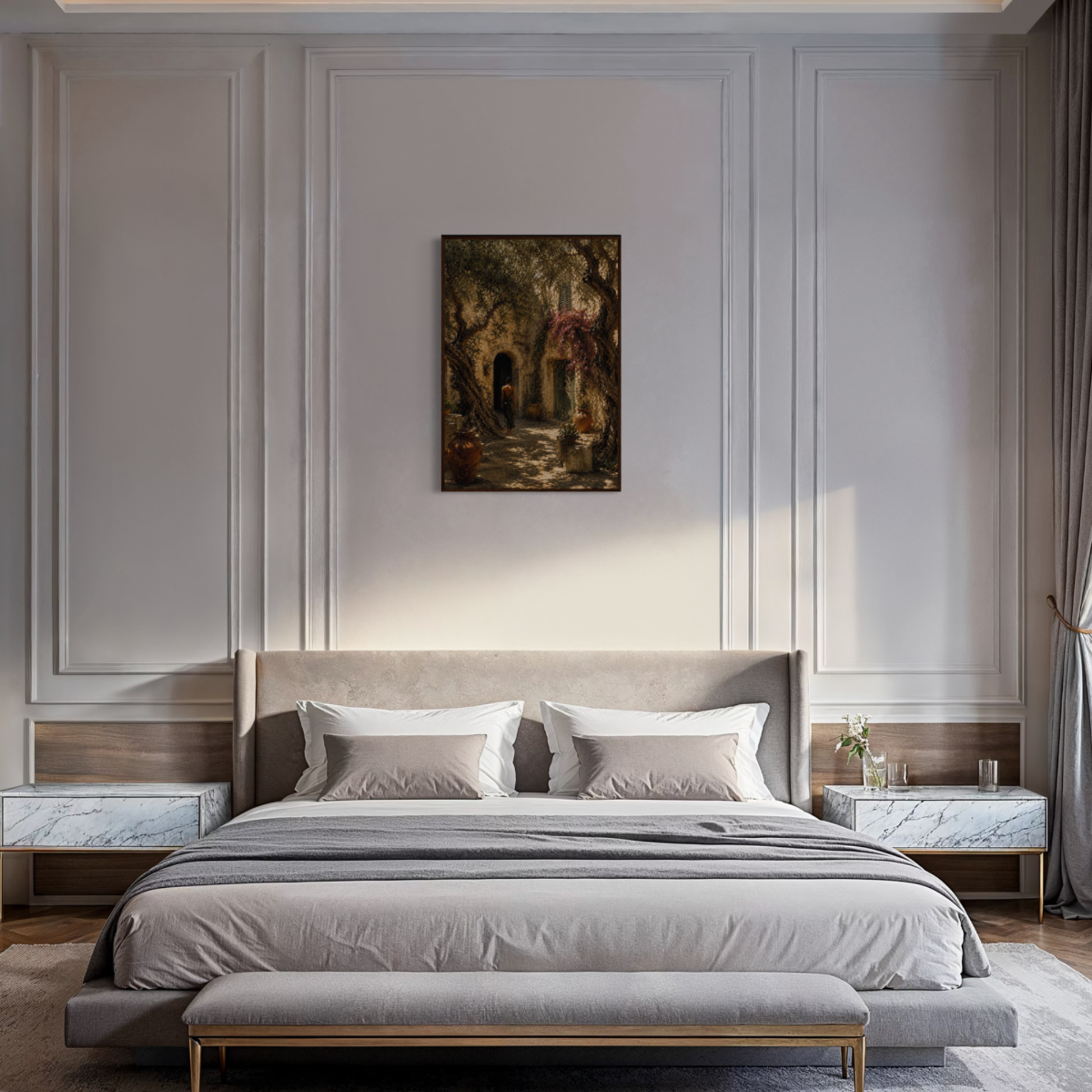 Framed art print titled "The Courtyard" featuring Mediterranean scene, by LunarHeartCo, with a detailed courtyard view.