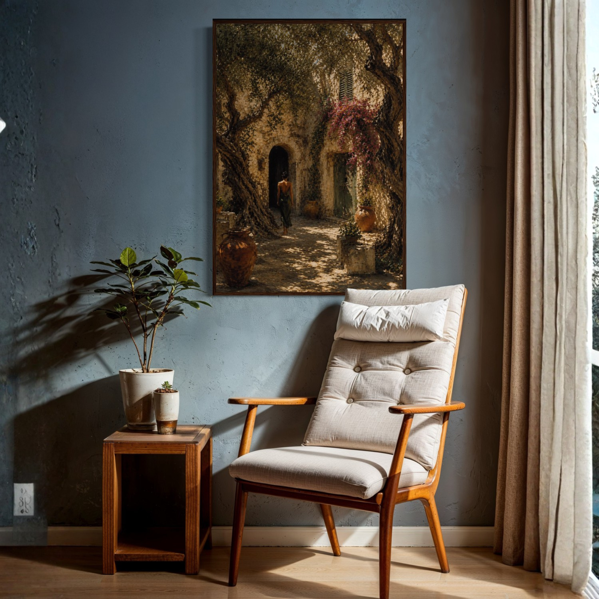 Framed art print titled "The Courtyard" by LunarHeartCo featuring a Mediterranean courtyard scene with vibrant colors and intricate details.