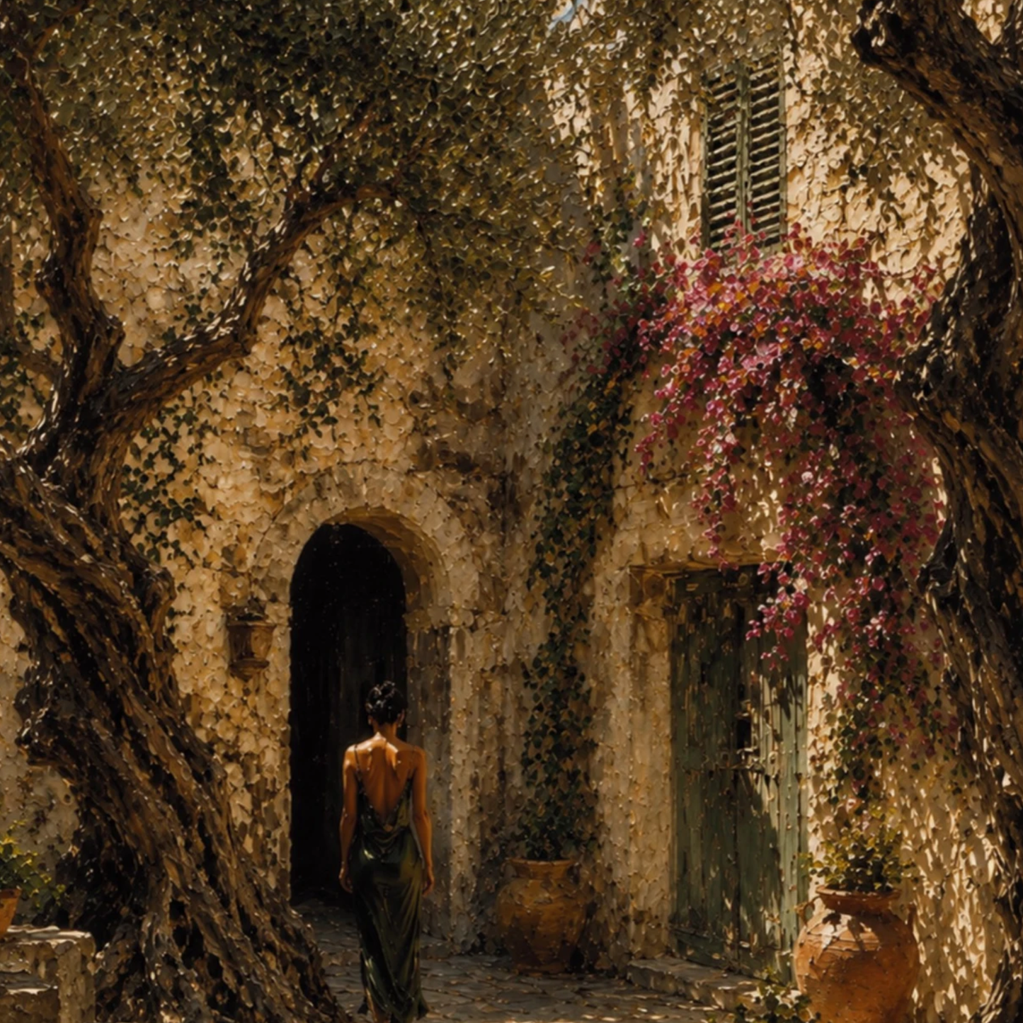 Framed art print titled "The Courtyard" from Mediterranean Studies series by LunarHeartCo, featuring a scenic courtyard scene.