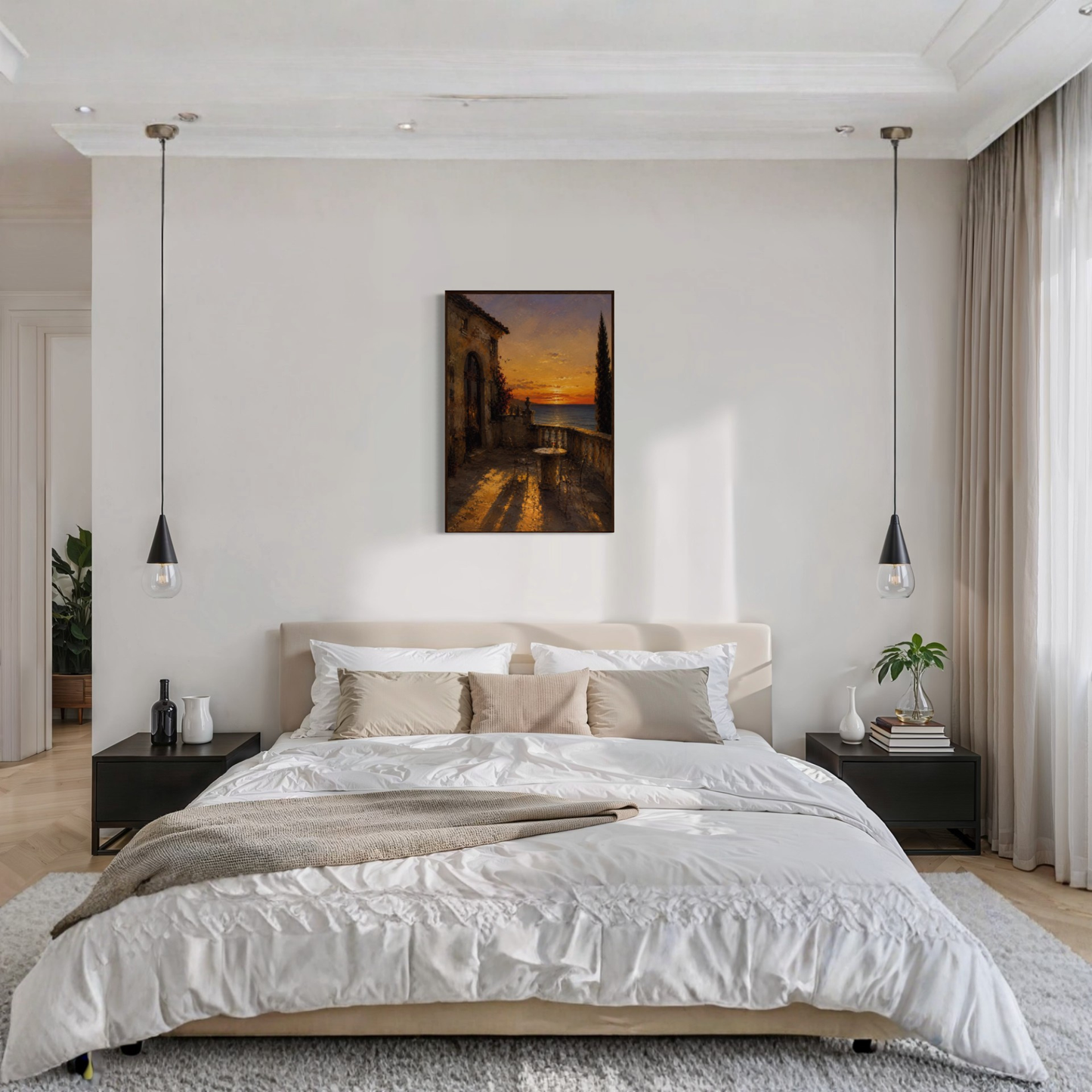 Framed art print titled "The Hour" featuring Mediterranean-inspired artwork by LunarHeartCo, displayed in a sleek black frame.