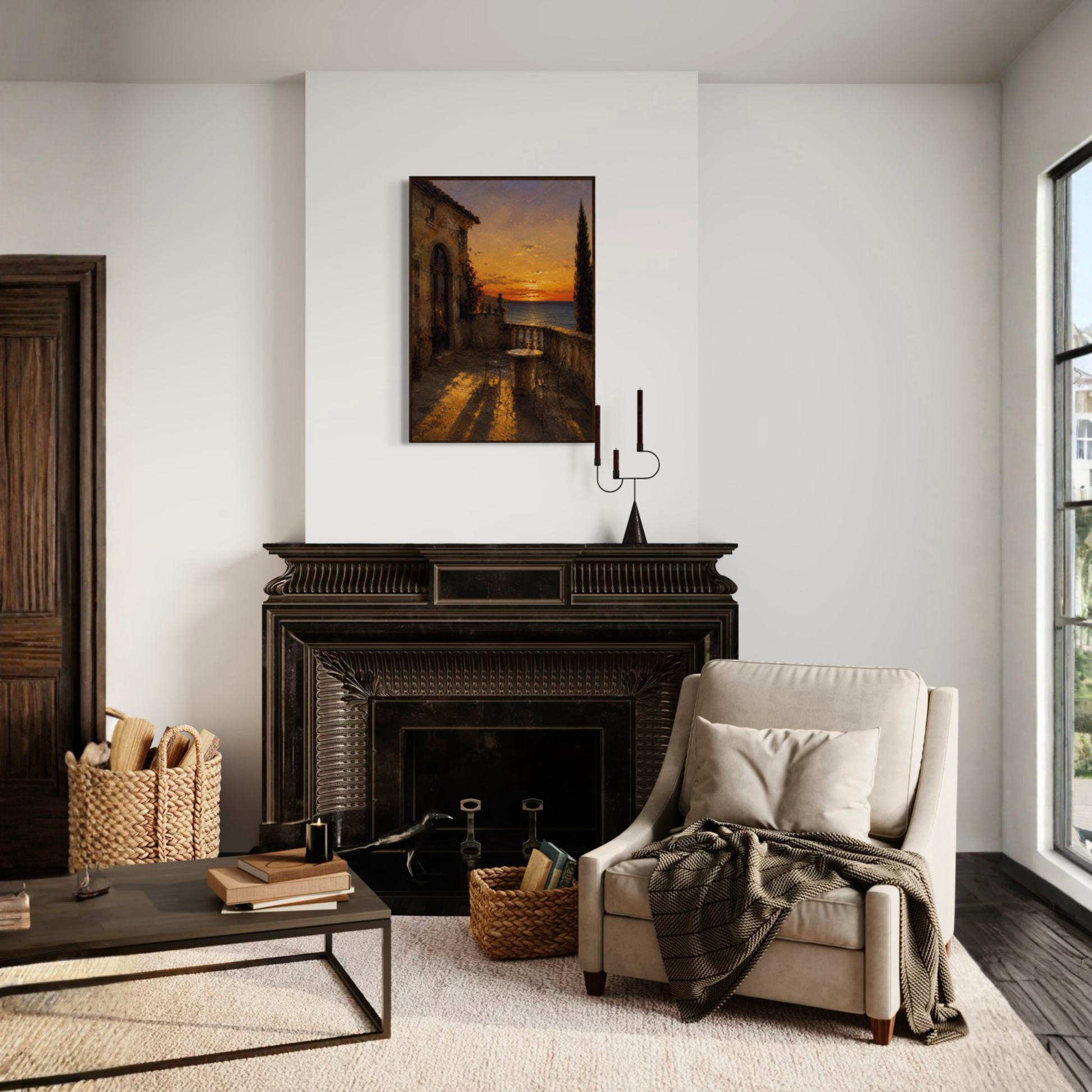 Framed art print titled "The Hour" from Mediterranean Studies collection by LunarHeartCo, featuring a serene coastal scene.