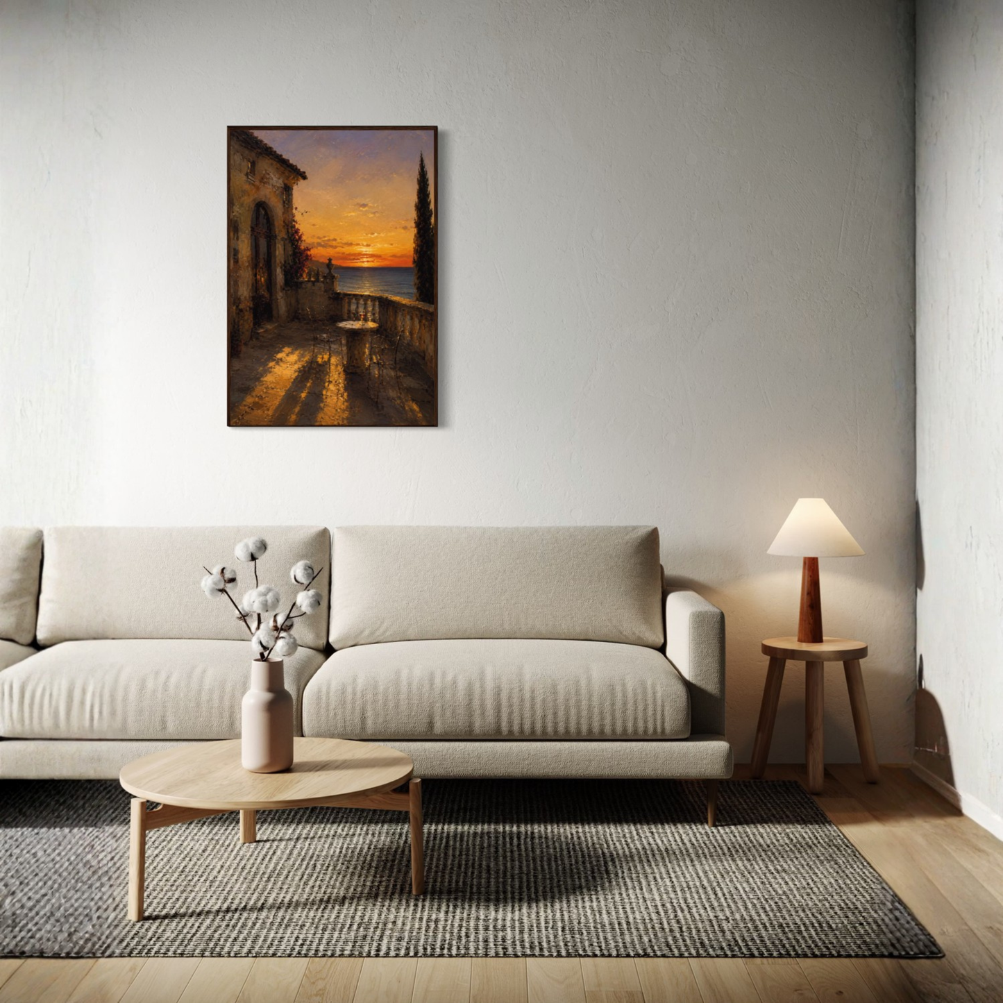 Framed art print titled "The Hour" by LunarHeartCo, featuring Mediterranean-inspired artwork in a sleek frame.