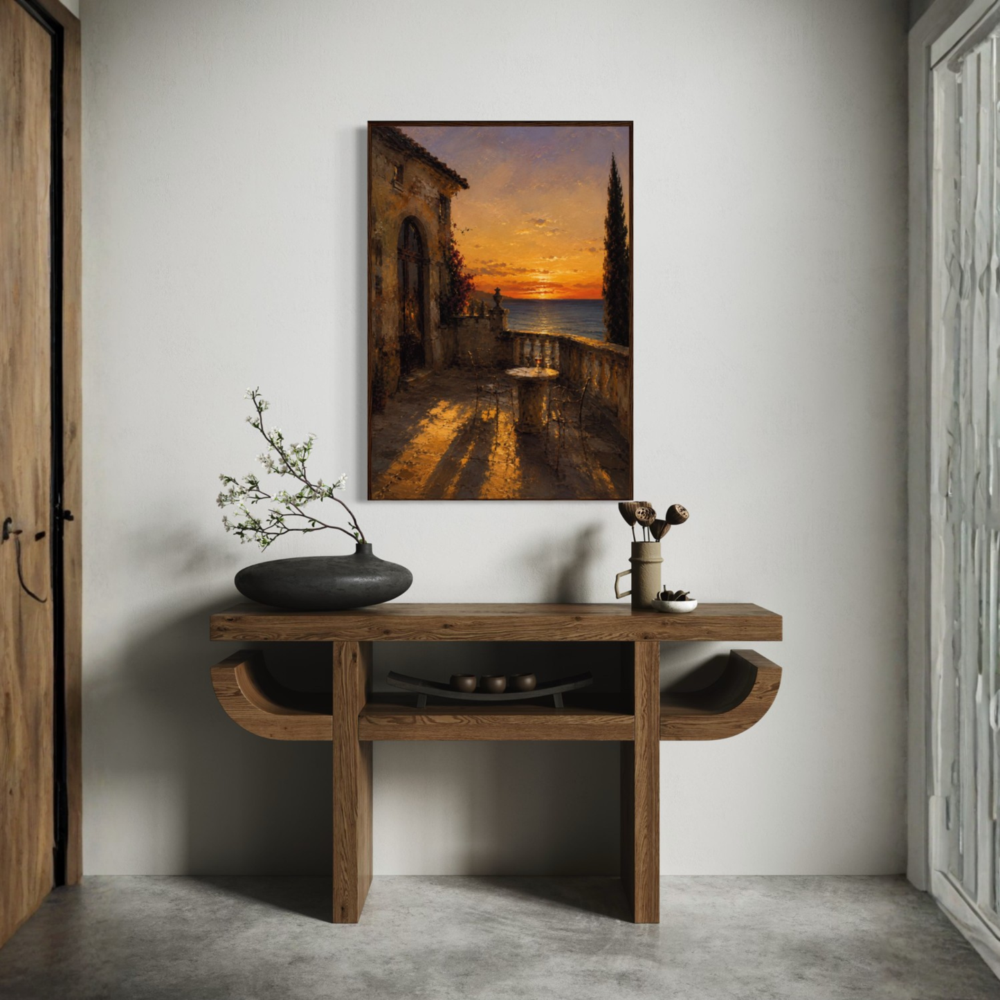 Framed art print titled "The Hour" by LunarHeartCo featuring Mediterranean-inspired artwork with a sleek black frame.