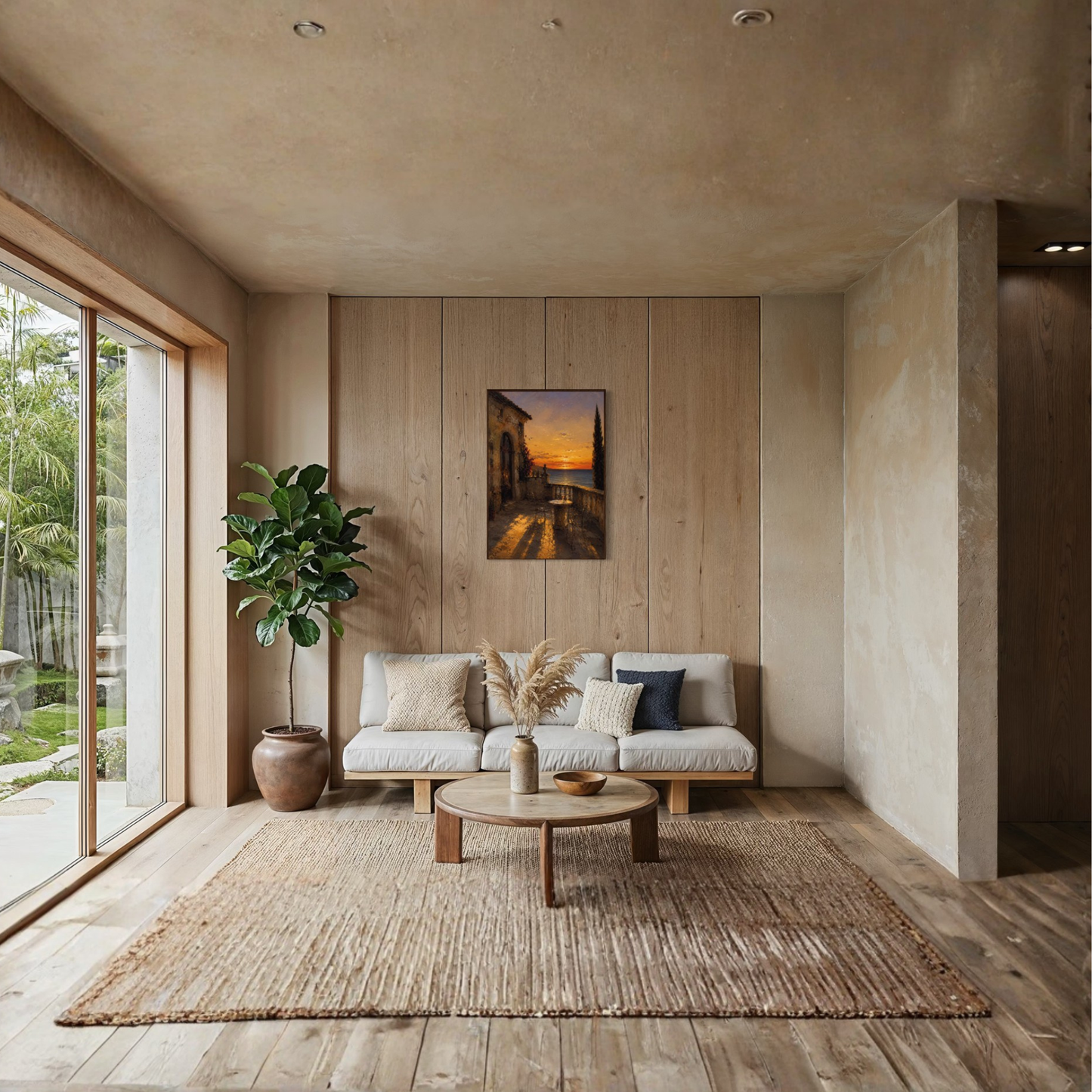 Framed art print titled "The Hour" featuring Mediterranean-inspired artwork by LunarHeartCo, displayed in a sleek frame.