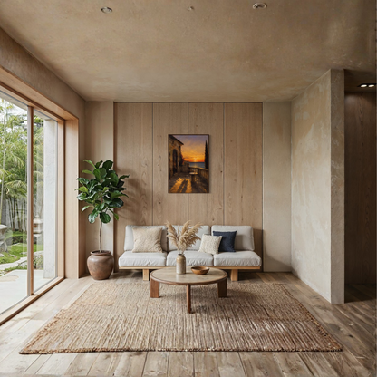 Framed art print titled "The Hour" featuring Mediterranean-inspired artwork by LunarHeartCo, displayed in a sleek frame.