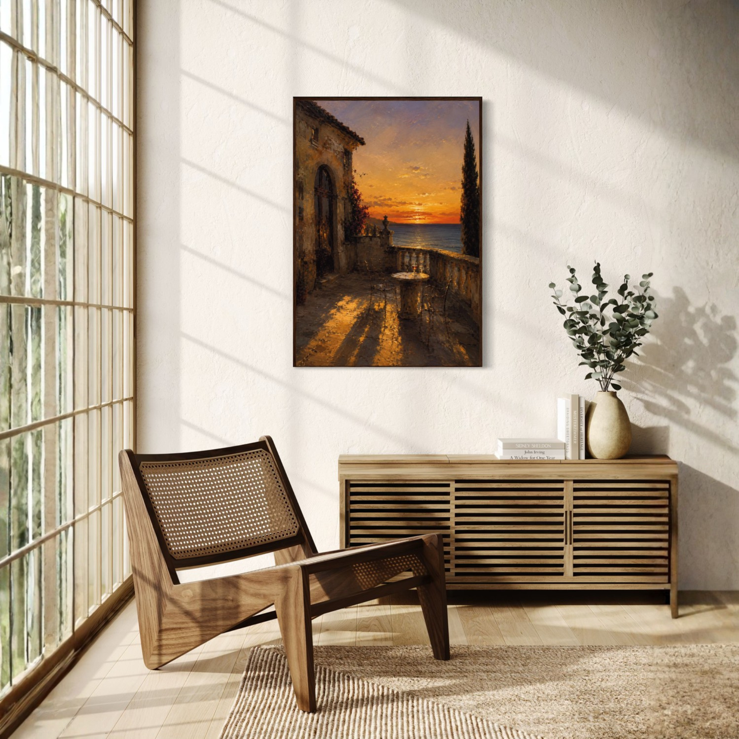 Framed art print titled "The Hour" by LunarHeartCo featuring Mediterranean-inspired artwork in a stylish frame.