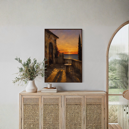 Framed art print titled "The Hour" featuring Mediterranean-inspired artwork by LunarHeartCo, displayed in a sleek frame.