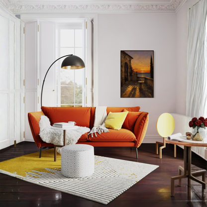 Framed art print titled "The Hour" by LunarHeartCo, featuring Mediterranean-inspired artwork in a sleek frame.