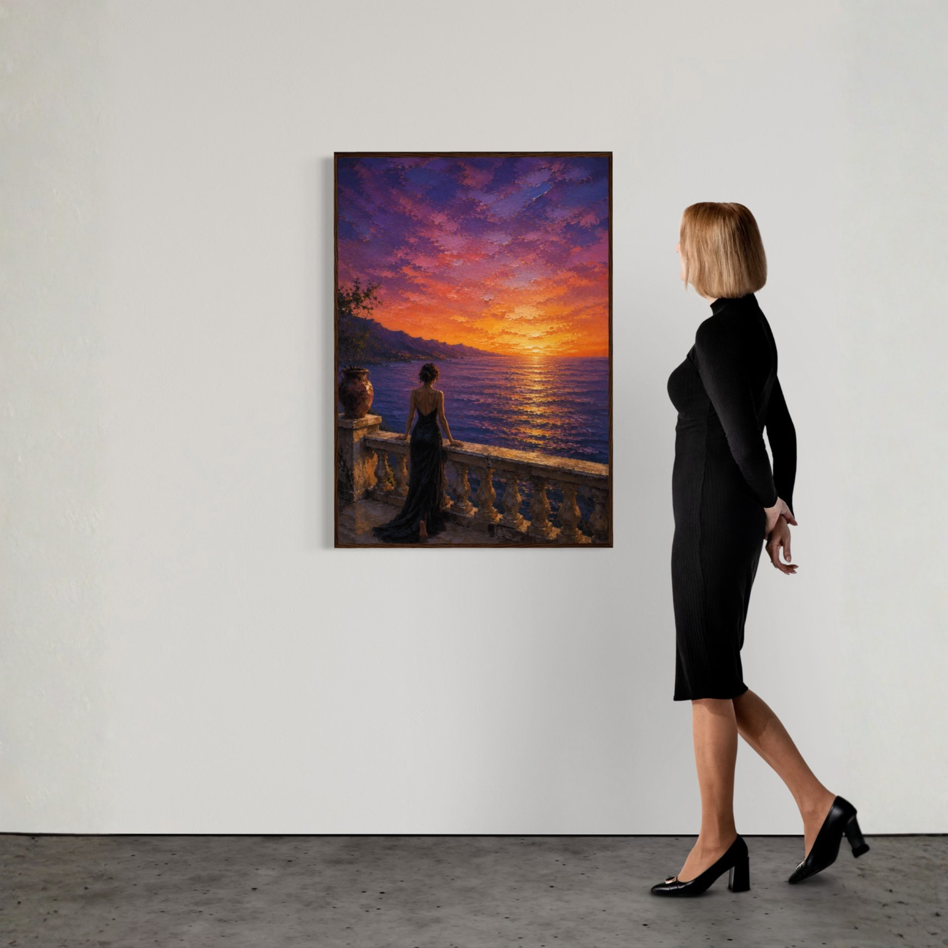 Mediterranean woman standing on a stone terrace overlooking the sea at sunset, contemporary Mediterranean oil painting with glowing orange and violet sky.