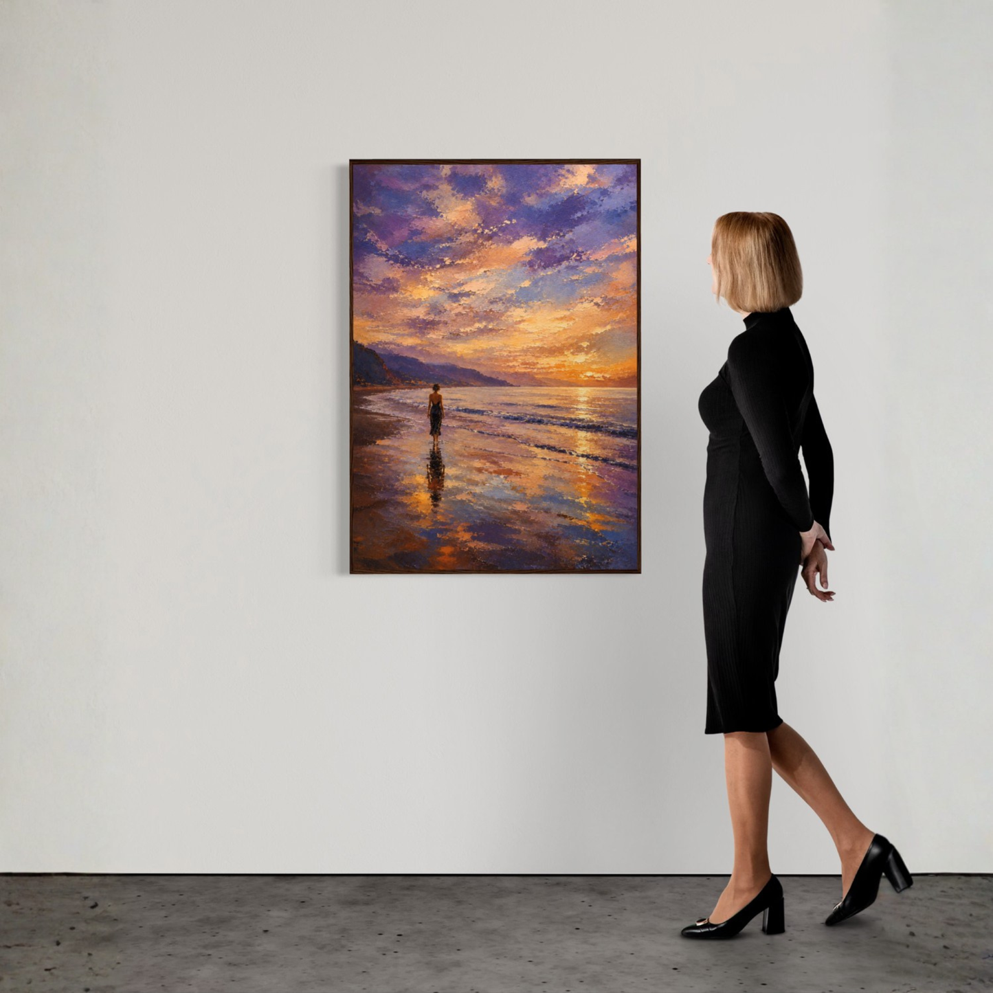 Mediterranean woman walking along a shoreline at sunset beneath a violet and gold sky, framed coastal wall art print.