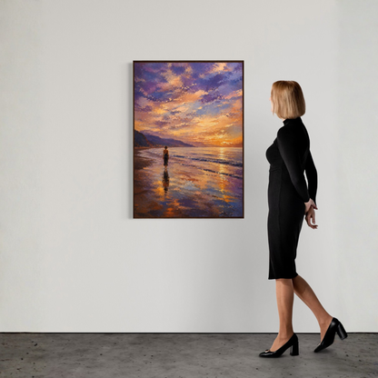 Mediterranean woman walking along a shoreline at sunset beneath a violet and gold sky, framed coastal wall art print.