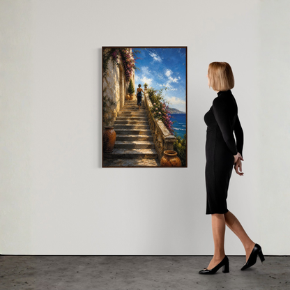 Mediterranean stone staircase overlooking the sea with flowering architecture and a solitary woman ascending toward the light.