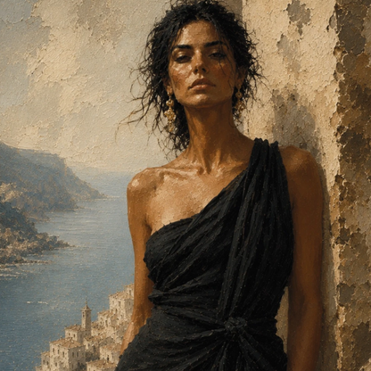 Framed art print titled "Last Light" by LunarHeartCo featuring Mediterranean-inspired landscape with warm tones and artistic framing.
