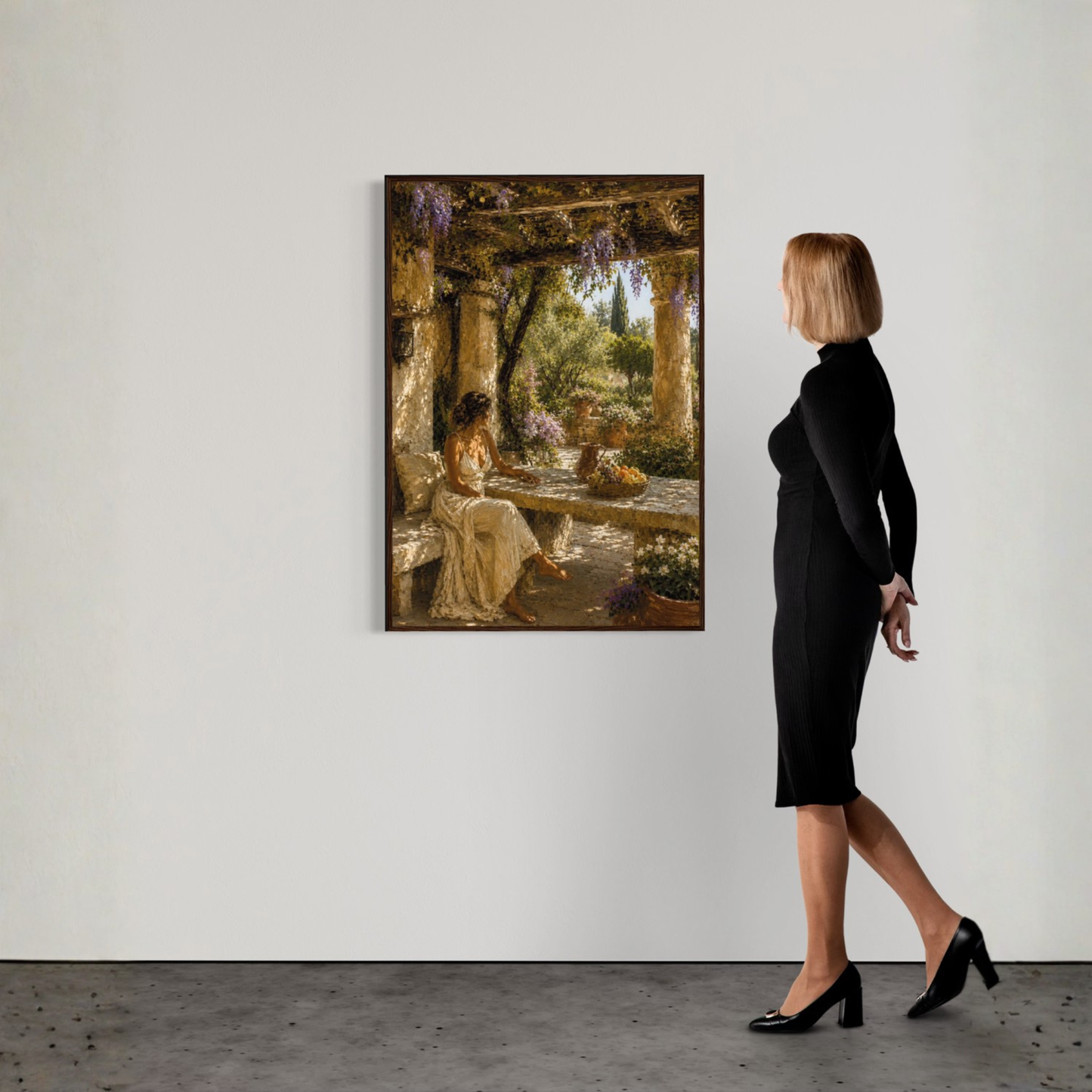 Mediterranean garden wall art showing a seated woman beneath a sunlit pergola with stone columns, flowers, fruit and garden light.