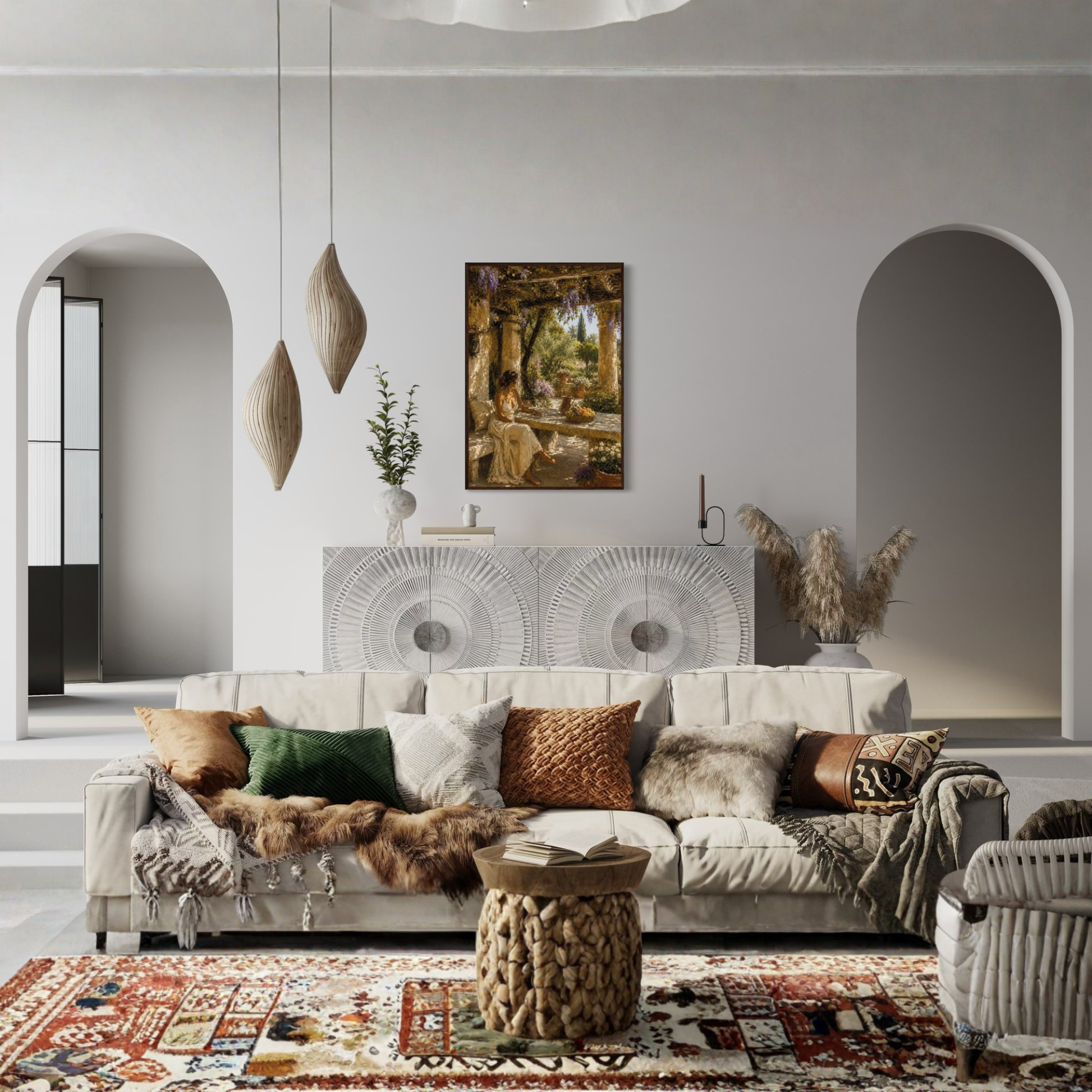 The Pergola Mediterranean framed art print displayed in a calm luxury interior.