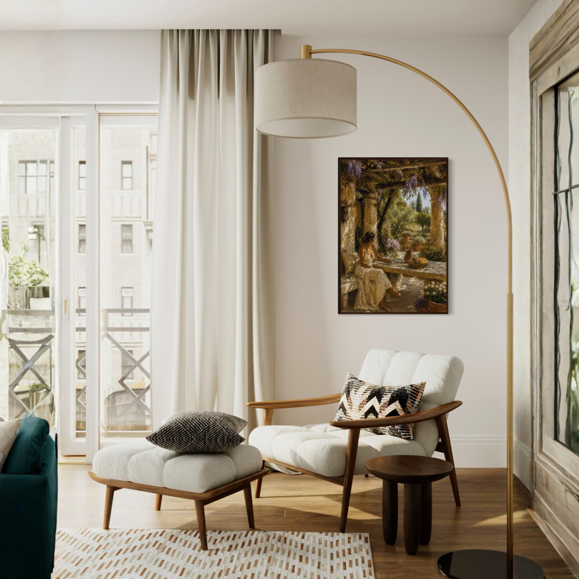 The Pergola Mediterranean framed art print displayed in a calm luxury interior.