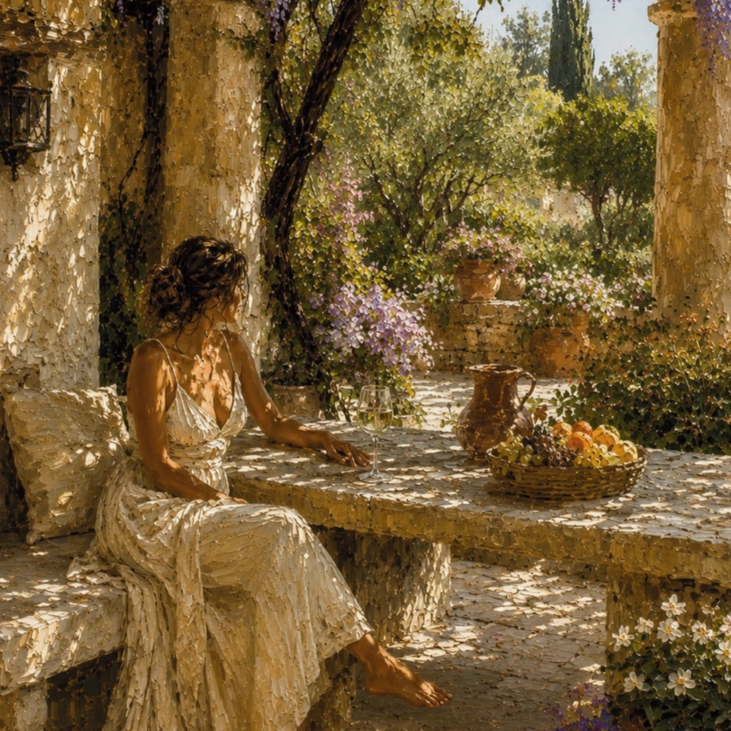 Close-up of Mediterranean pergola wall art with seated woman, stone table, flowers, fruit bowl, columns and warm garden light.