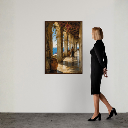 Mediterranean architecture wall art showing a lone woman walking through a sunlit stone loggia beside the sea.