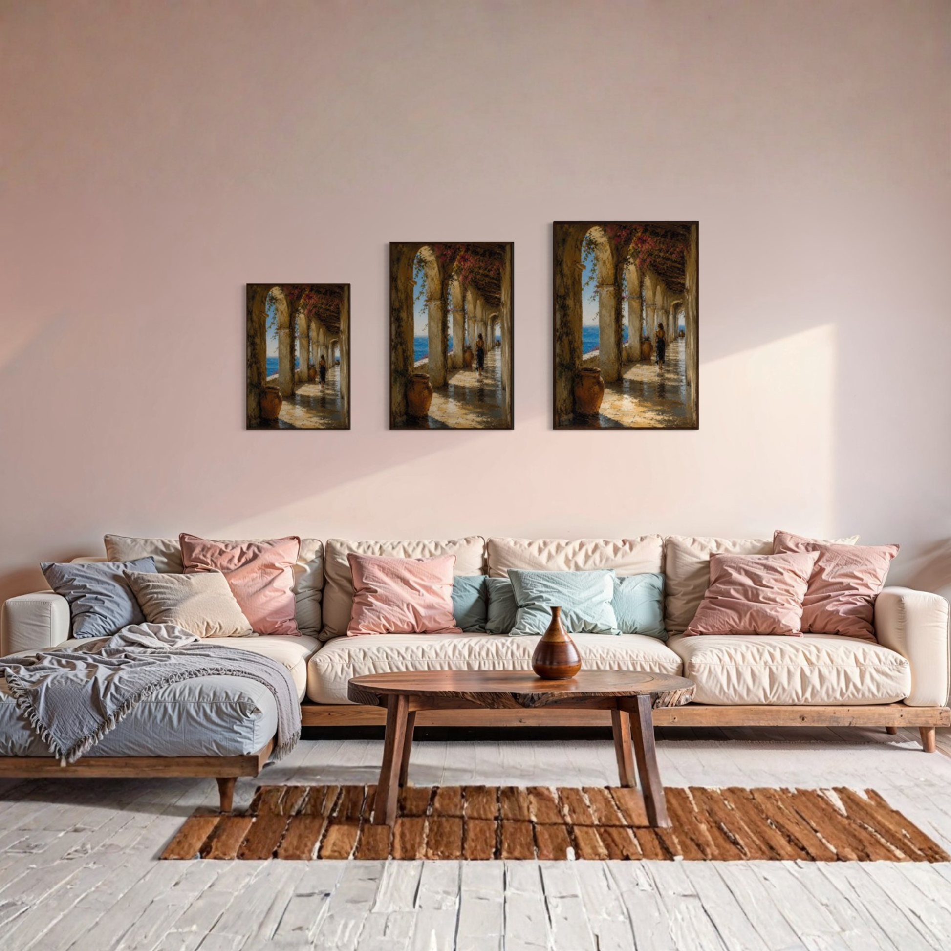 The Loggia Mediterranean framed art print displayed in a calm luxury interior.