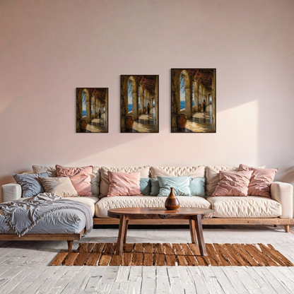 The Loggia Mediterranean framed art print displayed in a calm luxury interior.