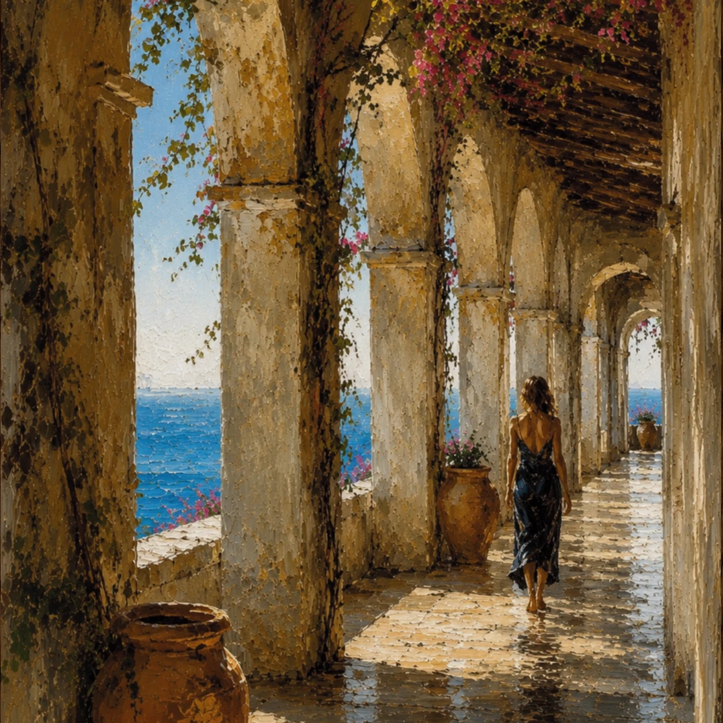 Close-up of Mediterranean loggia wall art with stone columns, sea view, terracotta pots, flowering vines and a lone figure.